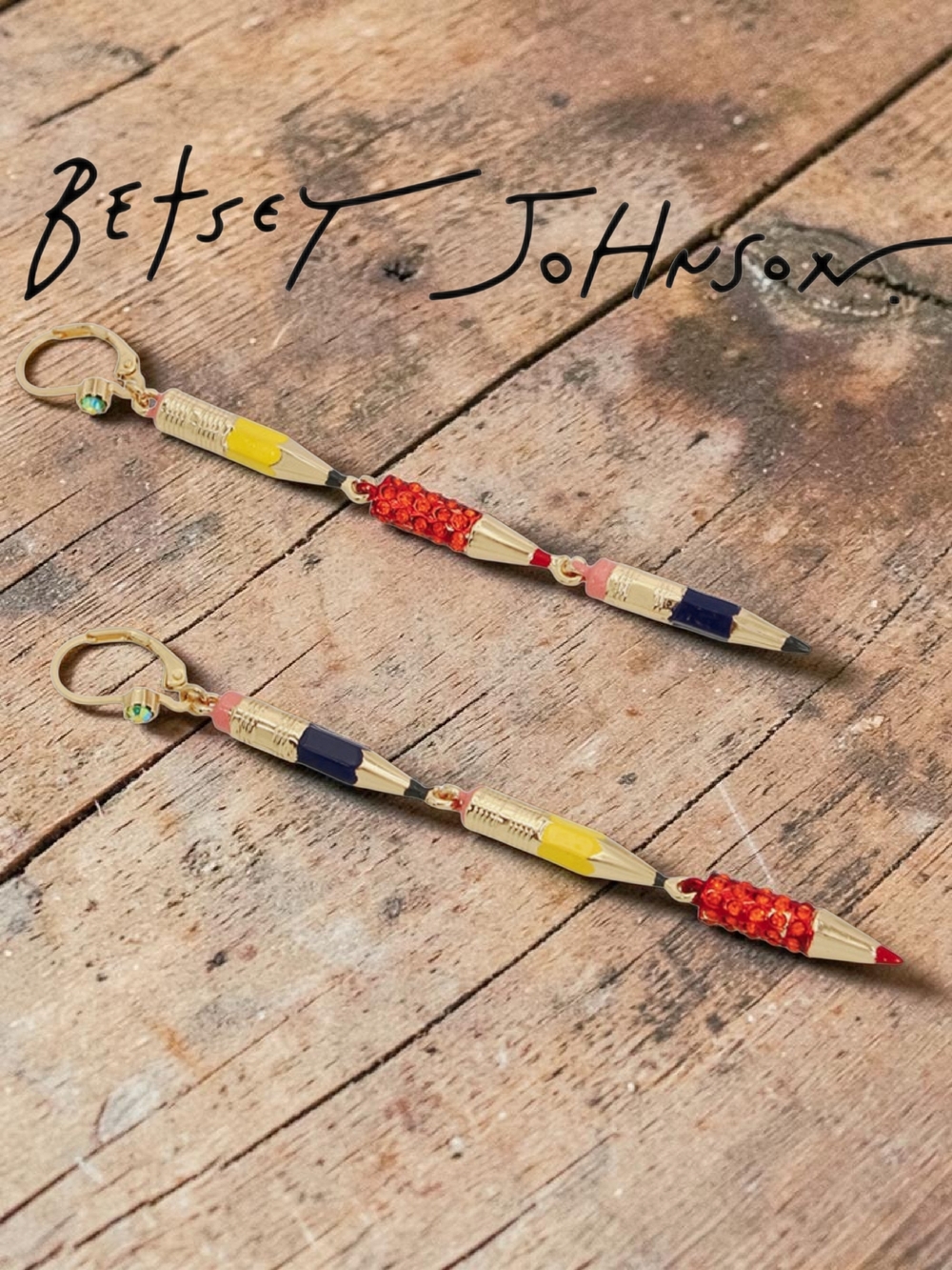 New BETSEY JOHNSON Linear Pencil Earrings Crystal Detail Drops 3.5" NWT